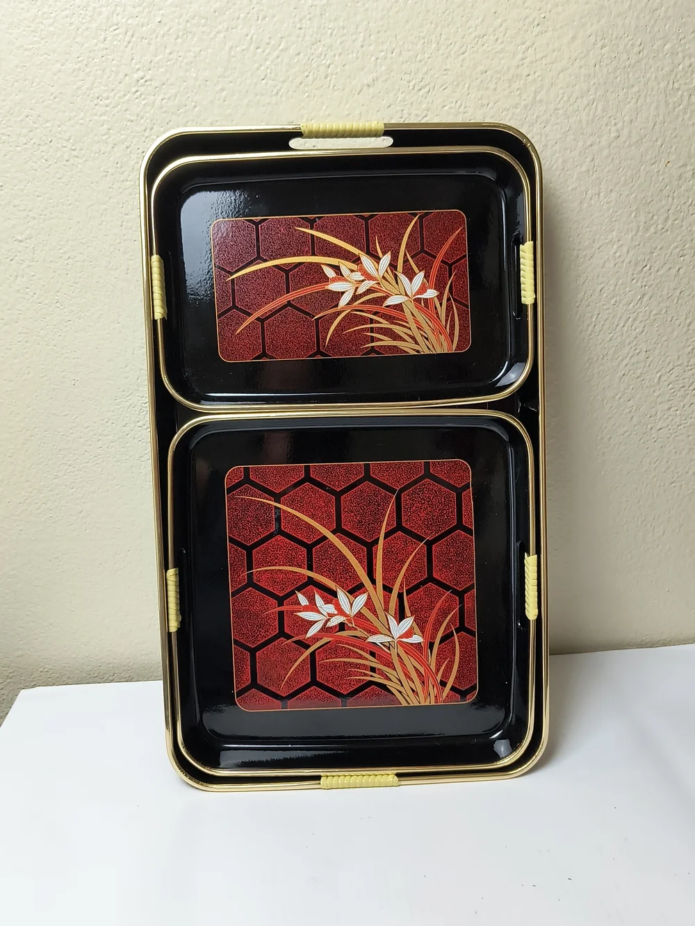 Vintage Himark NISHI GARDEN 3 pc Lacquerware Tray Set Japan 1984